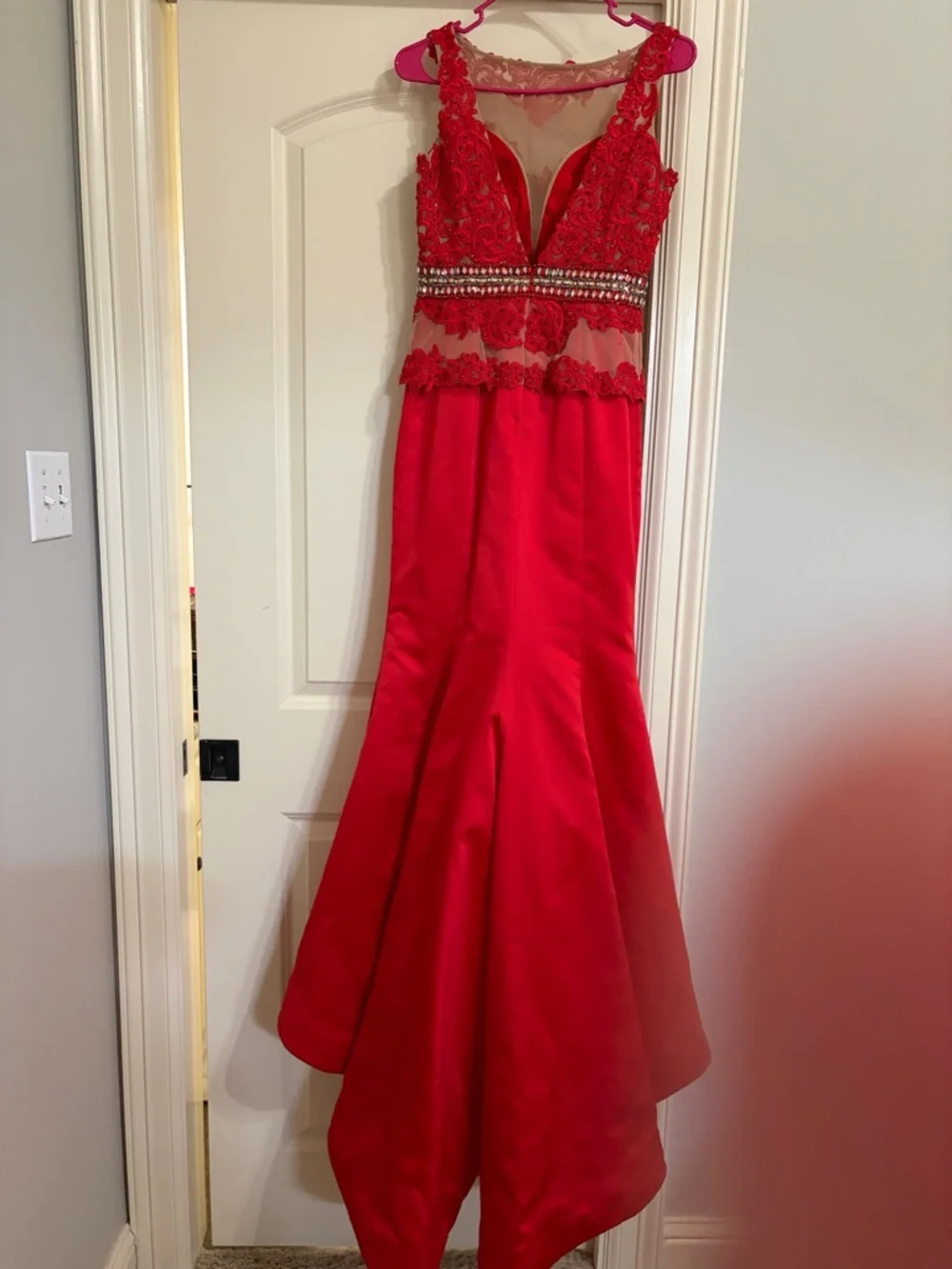 Sherri Hill Red Lace Mermaid Prom Dress with Beaded Waist - Picture 2 of 2